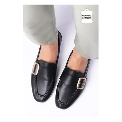 Mio Gusto Martina Genuine Leather Black Color Flat Toe Women's Loafer Shoes