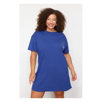 Trendyol Curve Blue Bike Collar slogan Printed 100% Cotton Knitted Plus Size T-shirt Dress