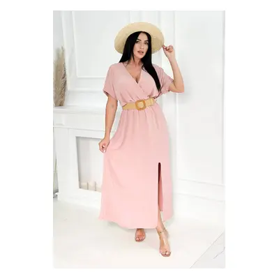 Long dress with decorative belt powder pink