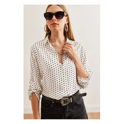 Olalook Women's White Folded Sleeve Polka Dot Shirt