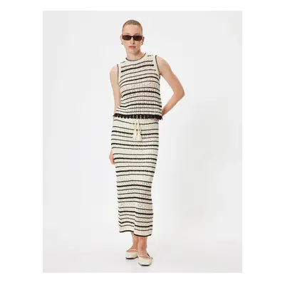 Koton Lined Midi Length Tie Detailed Openwork Striped Knit Skirt