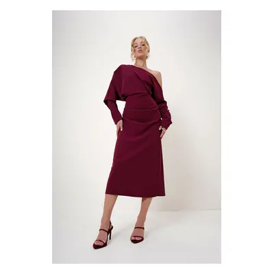 Trend Alaçatı Stili Women's Burgundy Off-the-Shoulder Draped Midi Length Knitted Dress