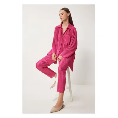 Happiness İstanbul Women's Pink Stylish Buttoned Pleated Shirt Pants Set