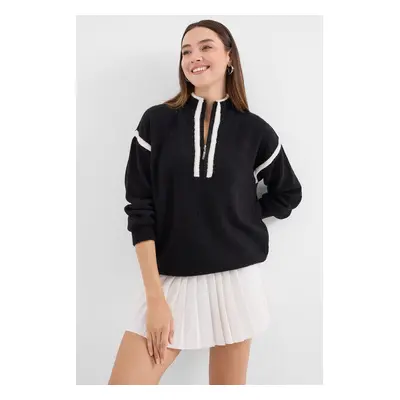 Bigdart OVERSIZED ZIPPERED WOMEN'S SWEATER - BLACK