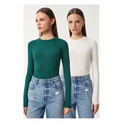 Happiness İstanbul Women's Ecru Emerald Green 2-Piece Pack Crew Neck Finger-Slotted Basic Knitte