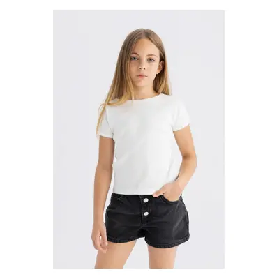 DEFACTO Girl's Slim Fit Crew Neck Basic Ribbed Camisole Short Sleeve T-Shirt