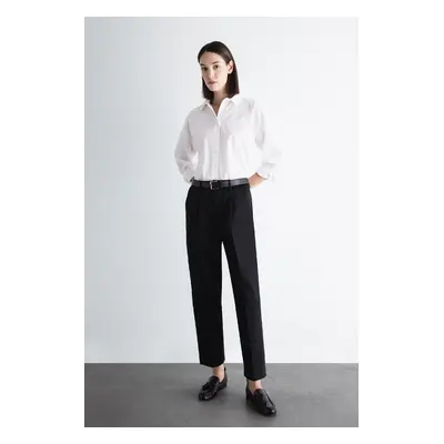 DEFACTO Belted Classic Trousers Carrot Fit Black High Waist Skinny Leg Pleated Basic Straight Sh