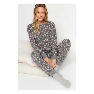 Trendyol Gray Teddy Bear T-shirt-Jogger Knitted Pajama Set