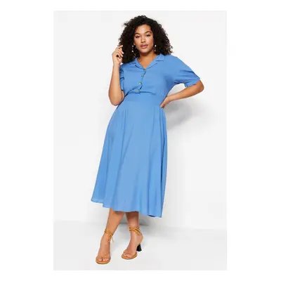 Trendyol Curve Blue Woven Elastic Waist and Button Detailed Dress