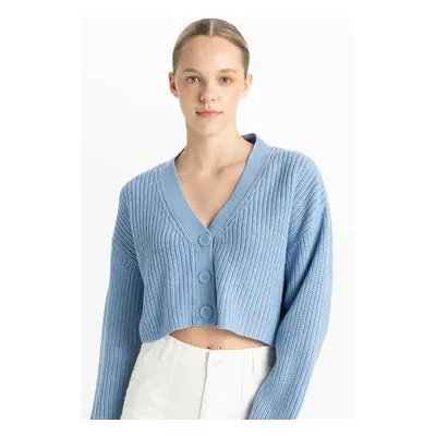 DEFACTO Regular Fit V Neck Basic Plain Buttoned Knitted Cardigan