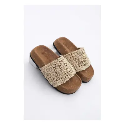 Marjin Women's Hand Knitted Mushroom Pattern Sole Straw Daily Slippers Elesya Beige Straw