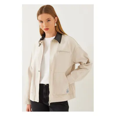 Bianco Lucci Women's Leather Collar Detailed Gabardine Jacket