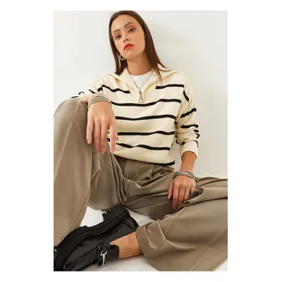 Bianco Lucci Women's Zipper Turtleneck Striped Knitwear Sweater