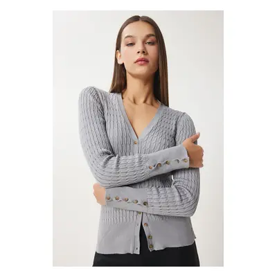 Happiness İstanbul Women's Gray Thessaloniki Knit Detail Wrap Knitwear Cardigan