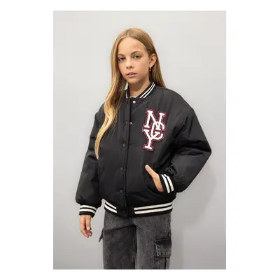 DEFACTO Girls Water Repellent College Collar Snap Pocket Bomber Jacket