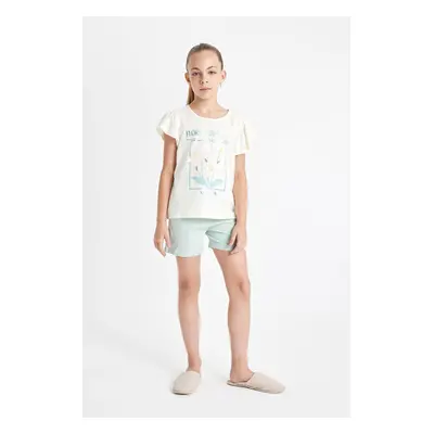 DEFACTO Girls Pajama Set Crew Neck Printed Short Sleeve Top Shorts