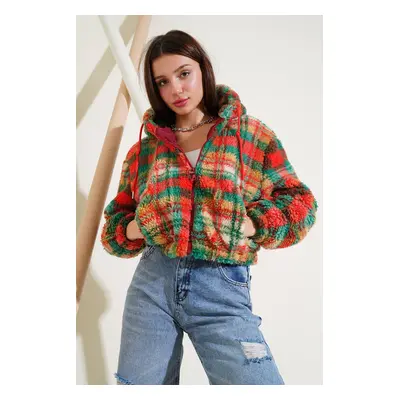 Bigdart Hooded Plush Crop Jacket - Multicolor