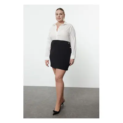 Trendyol Curve Black-Ecru Buttoned Woven Plus Size Mini Shirt Dress