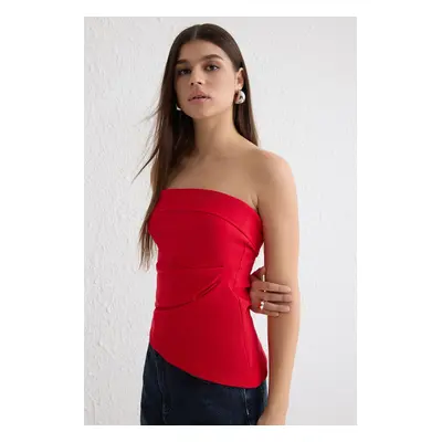 Trendyol Red Strapless Asymmetrical Cut Woven Blouse