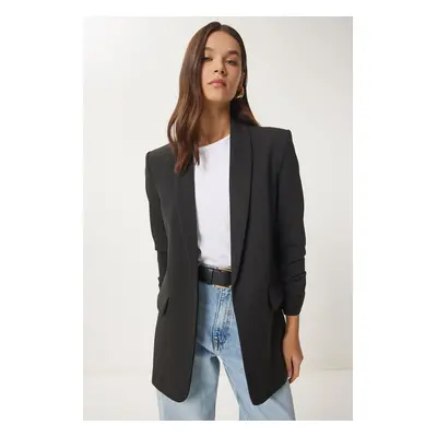 Happiness İstanbul Women's Black Shawl Collar Drawstring Detailed Woven Blazer Jacket