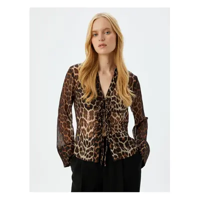 Koton Front Tie Bow Detailed Transparent Tulle Leopard Patterned Blouse