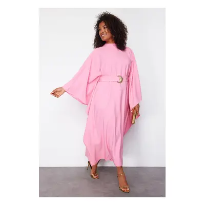 Trendyol Curve Pink Poncho Belted Long Chic Woven Plus Size Dress