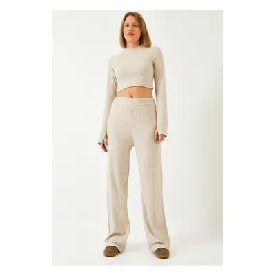 Bianco Lucci Women's Fingered Elastic Waisted Palazzo Pants Ribbed Bottom-Top Suit