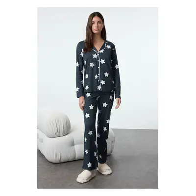 Trendyol Navy Blue 100% Cotton Star Patterned Piping Detailed Knitted Pajamas Set