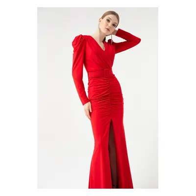 Lafaba Women's Red Long Sleeve Double Breasted Neck Slit Evening Dress