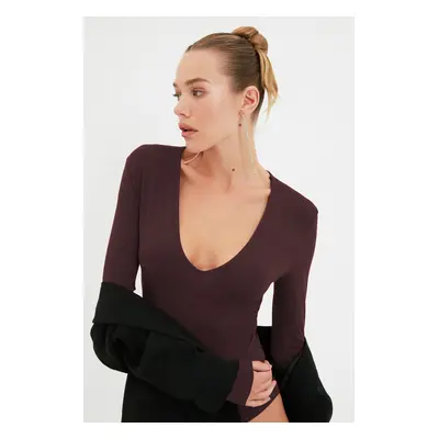 Trendyol Brown Deep V-Neck Snap Knitted Bodysuit