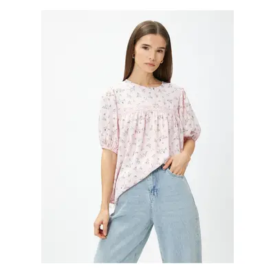 Koton Floral Blouse with Scallop Stripe Detail Balloon Sleeve