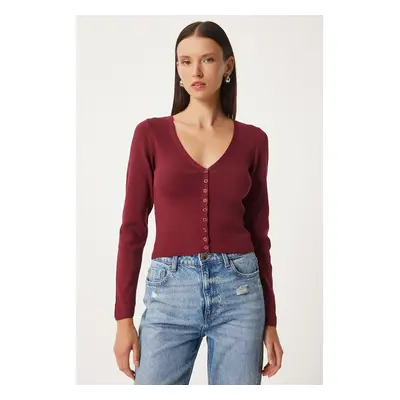 Happiness İstanbul Women's Burgundy V Neck Knitwear Cardigan