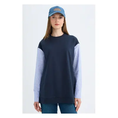 DEFACTO Navy Blue Regular Fit Long Sleeve Basic Plain Sweatshirt Tunic