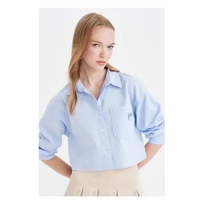 DEFACTO Cool Oversize Shirt Collar Plain Basic Pocket Oxford Long Sleeve Crop Shirt