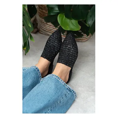 NİŞANTAŞI SHOES Moon Black Metallic Knit Detail Flat Sole Women's Slippers