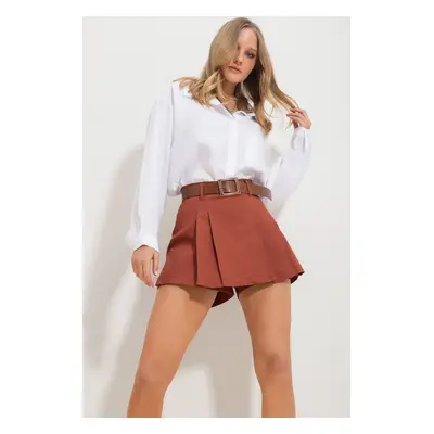 Trend Alaçatı Stili Women's Tile Waist Belted Pleated Gabardine Shorts Skirt