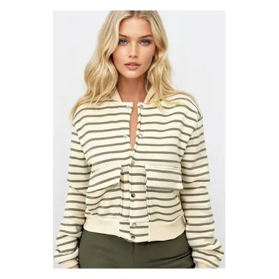 Trend Alaçatı Stili Women's Khaki-Striped Snap Closure Double Pocketed Inside Raised Crop Jacket