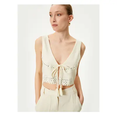 Koton Crop Vest Embroidered Tassel Tie Detailed V-Neck