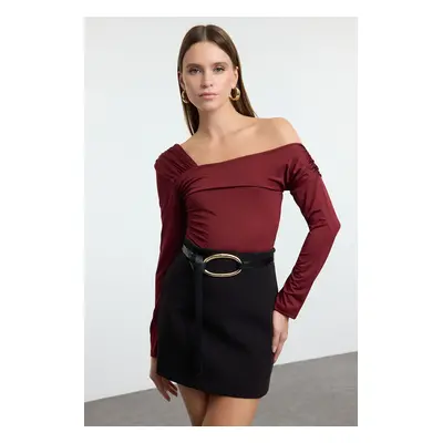 Trendyol Claret Red Asymmetric Collar Fitted/Fits the Body Snap Flexible Knitted Bodysuit