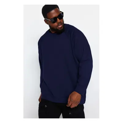 Trendyol Navy Blue Plus Size Crew Neck Oversize/Wide Cut Fleece Inside Sweatshirt