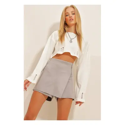 Trend Alaçatı Stili Women's Gray Zipper Detailed Suede Shorts Skirt