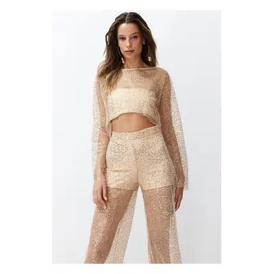 Trendyol Beige Crop Unlined Shiny Sequined Knitted Mesh Blouse