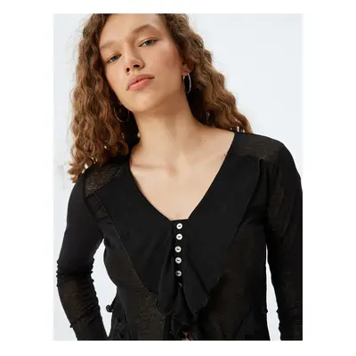 Koton Long Sleeve Buttoned V Neck Ruffle Asymmetrical Blouse