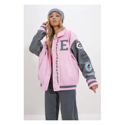 Trend Alaçatı Stili Women's Pink Snap Closure Oversize Jacket