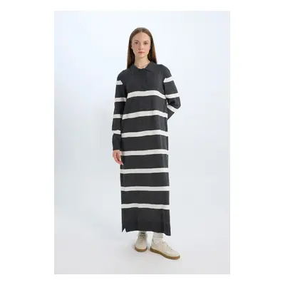 DEFACTO Regular Fit Polo Collar Buttoned Striped Long Sleeve Maxi Dress