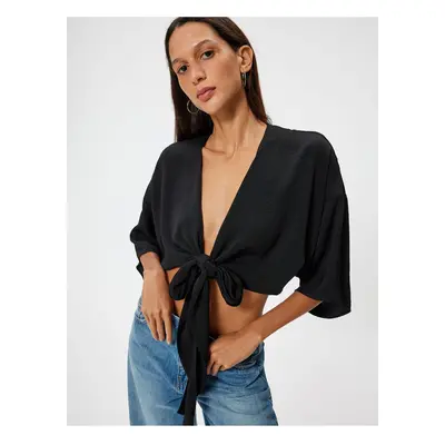 Koton Crop Top V-Neck Tie Detailed Oversize Kimono Sleeve