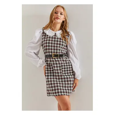 Bianco Lucci Women's Belted Plaid Patterned Collar Dress