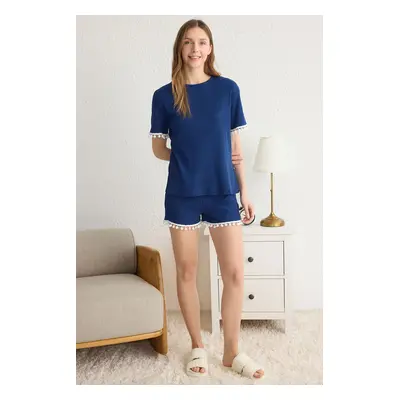 Trendyol Navy Blue Pompom Detail Ribbed Knitted Pajama Set