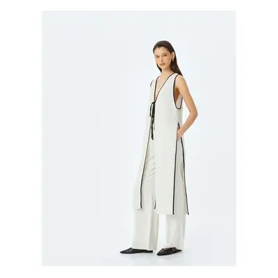 Koton Linen Blend Front Tie Detail Long Sleeveless Vest