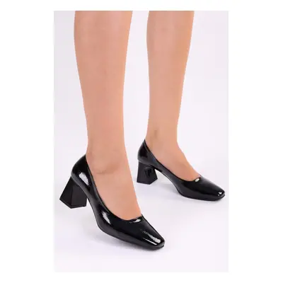 Shoeberry Women's Brazen Black Patent Leather Casual Heel Shoes